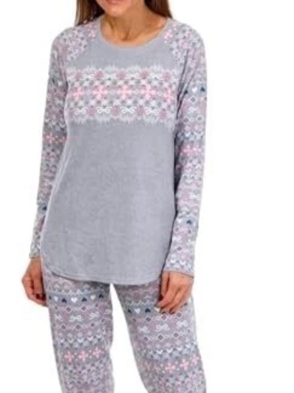 #2119 Cuddl Duds Brushed Sweater Knit Long Sleeve Pajama Set Size M Gray Pink